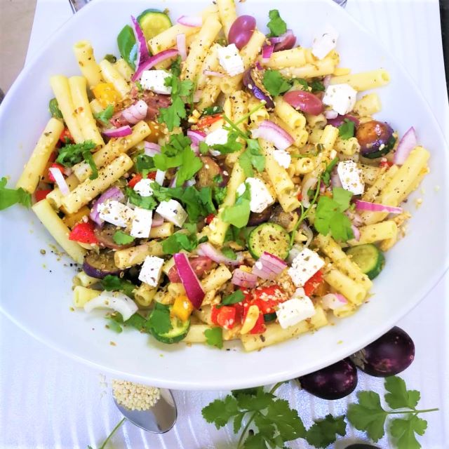 Spicy Brinjal Feta Pasta Salad